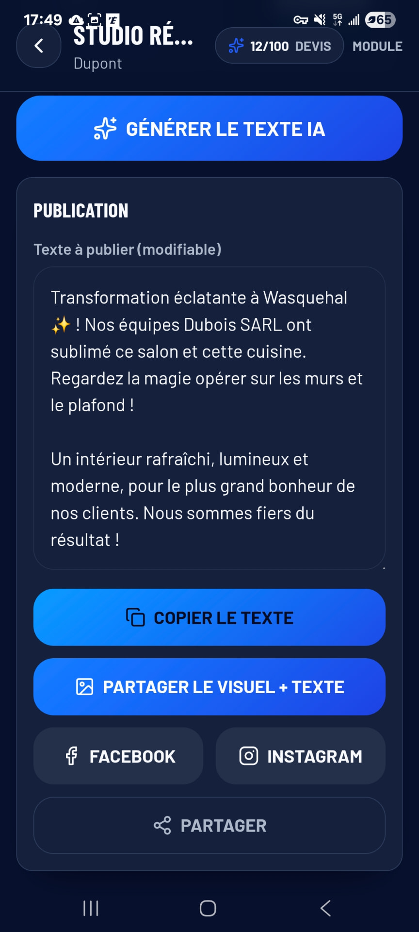 Génération de publication réseaux sociaux par l'IA dans PeintrePro IA