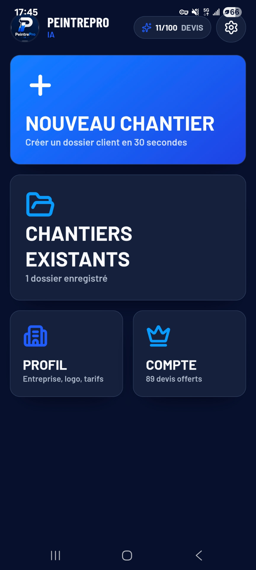 Écran d'accueil de l'application PeintrePro IA pour artisans peintres