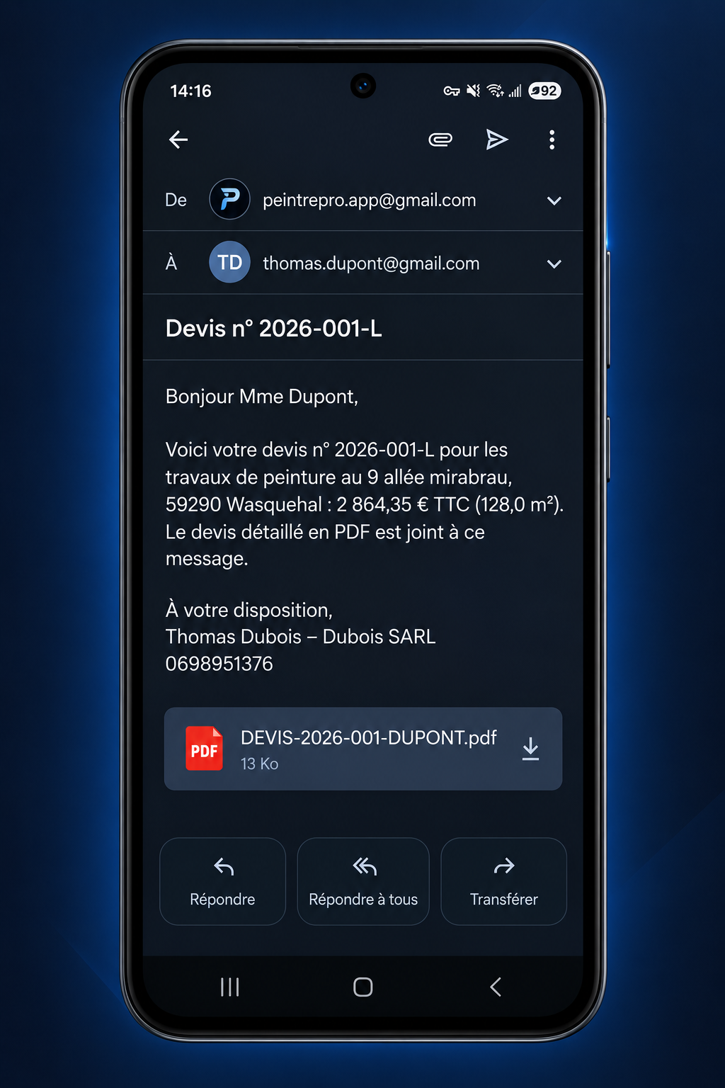 Envoi du devis peinture par email depuis PeintrePro IA
