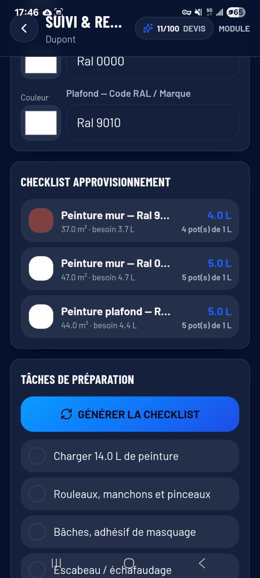 Checklist d'approvisionnement peinture et tâches de préparation dans PeintrePro IA