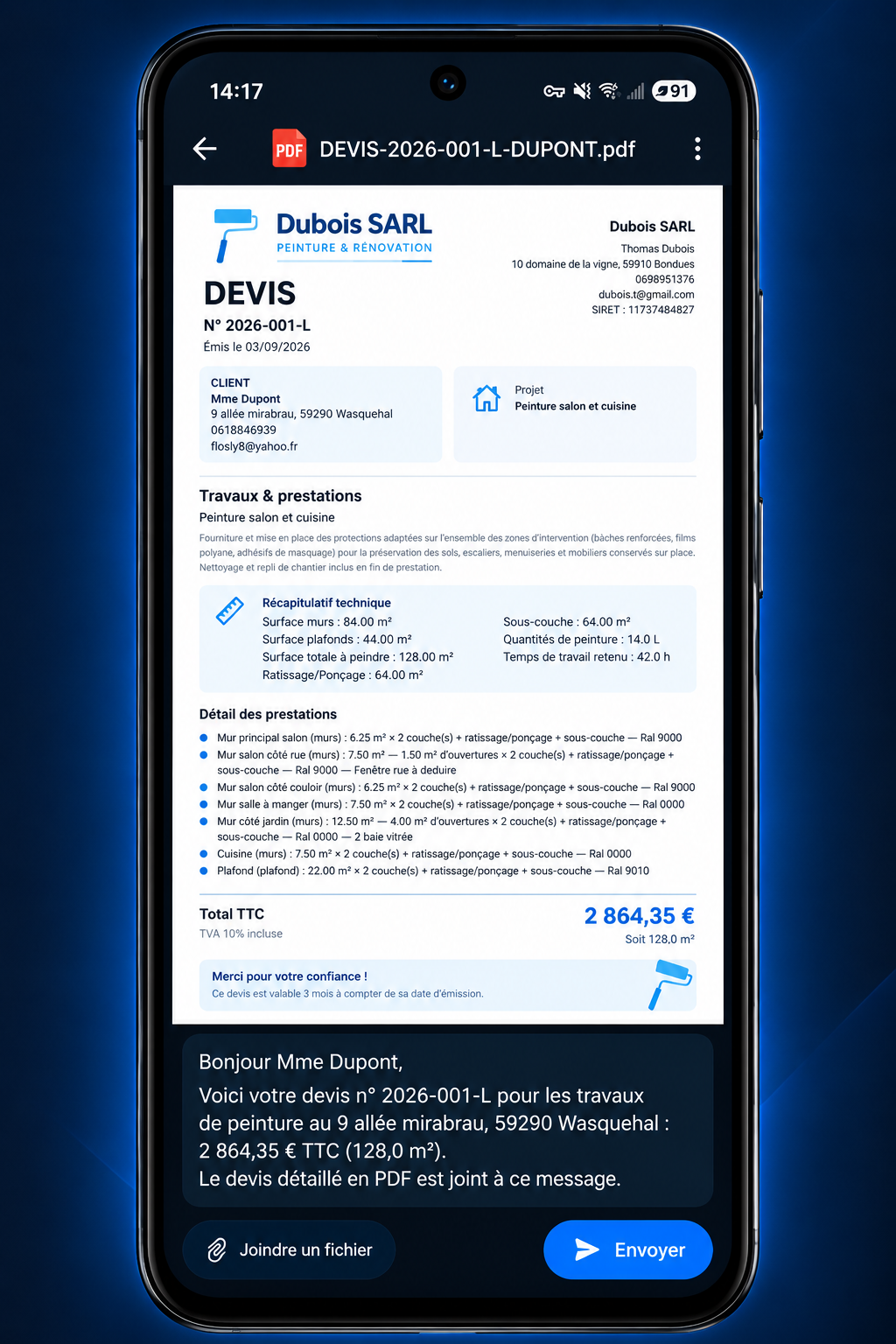 Exemple de devis PDF professionnel généré par PeintrePro IA