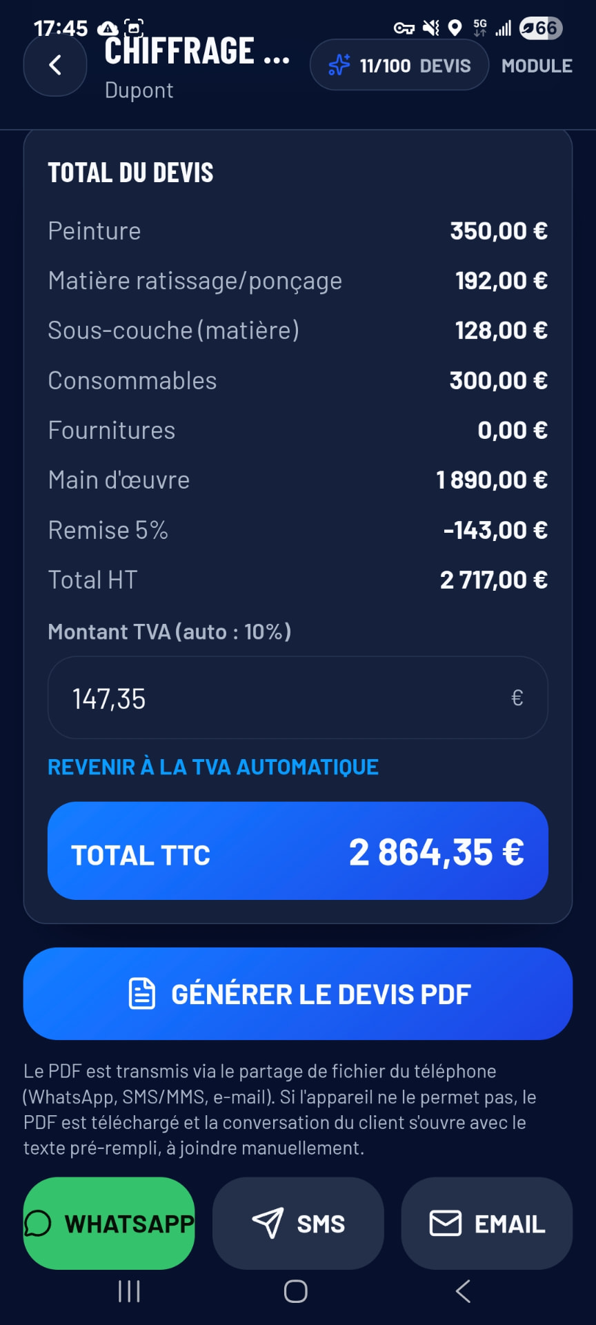 Écran de chiffrage et total du devis peinture dans PeintrePro IA