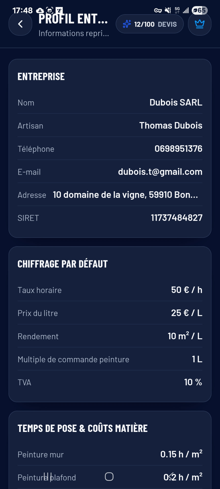 Profil entreprise et tarifs de chiffrage par défaut dans PeintrePro IA